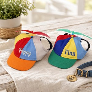 May include: Two colorful dog hats with propeller tops. One hat is orange, yellow, red, and blue with the name "Poppy". The other hat is green, yellow, red, and blue with the name "Finn". A denim dog collar with a paw print tag is also visible.