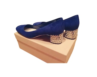 Vintage Miu Miu Blue Suede Crystal Jewel Heel Pumps | Archival Prada Y2K Embellished Shoes | Made in Italy EU 40 US 10
