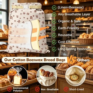 May include: A beige reusable bread bag with a brown leaf pattern, featuring a roll-top closure with a white plastic buckle. The bag is displayed with text overlays highlighting features like linen and beeswax composition, breathability, and eco-friendly benefits compared to plastic bags.