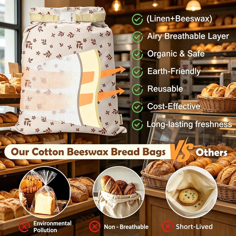 May include: A beige reusable bread bag with a brown leaf pattern, featuring a roll-top closure with a white plastic buckle. The bag is displayed with text overlays highlighting features like linen and beeswax composition, breathability, and eco-friendly benefits compared to plastic bags.