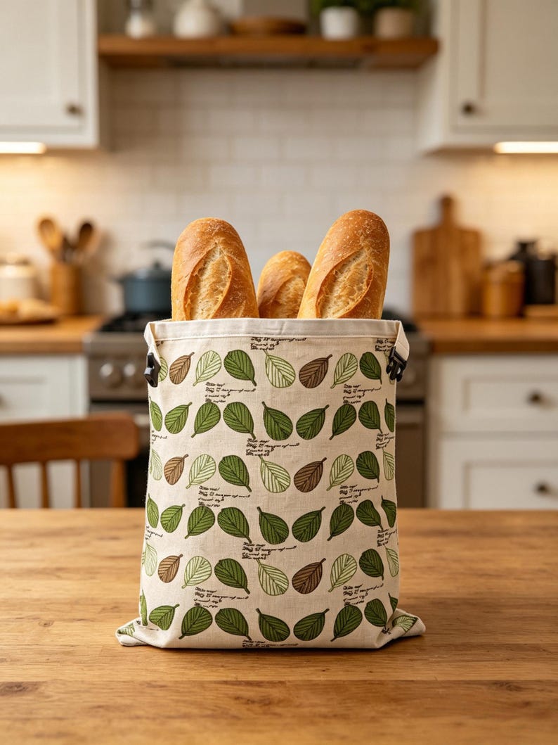 May include: A rectangular fabric bread bag featuring a repeating pattern of green and brown leaves on a cream background, with small black text interspersed between the leaves. Three golden-brown baguette loaves are tucked inside the open top.