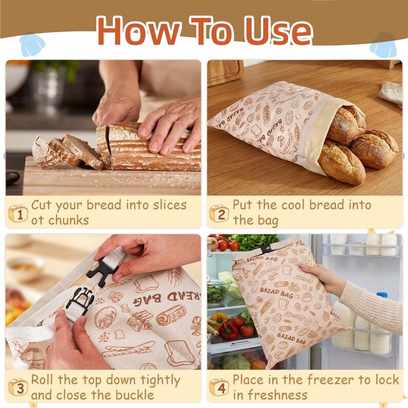 May include: A beige fabric bread bag featuring a repeating brown pattern of various bread types and the text BREAD BAG. The bag includes a roll-top closure secured with a black plastic buckle, designed for storing bread slices or loaves in a freezer.