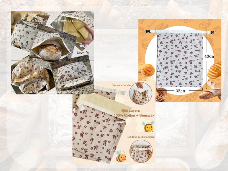 May include: A rectangular bread bag made of beige cotton fabric with a small dark red floral pattern. The bag features a white top closure with a black plastic buckle. It measures 32 cm in width and 43 cm in height. The interior is lined with yellow beeswax.