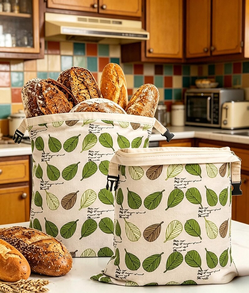 May include: Two off-white fabric bread bags featuring a repeating pattern of green and brown leaves and small black script text. The larger bag is filled with various loaves of crusty bread, while the smaller bag sits empty beside it.