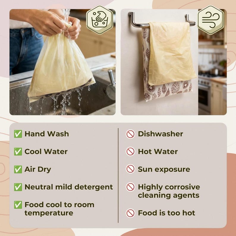 May include: A reusable beeswax food wrap bag with a cream-colored top and a brown leaf-patterned bottom. The image shows the bag being hand-washed under water and air-dried on a towel rack, with a chart listing care instructions for maintenance.