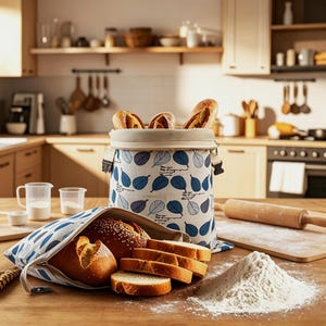 May include: A cylindrical fabric bread bag with a blue leaf pattern and a top closure, containing three loaves of bread. A smaller matching fabric bag lies open in front, holding a loaf and several slices of bread next to a pile of flour.