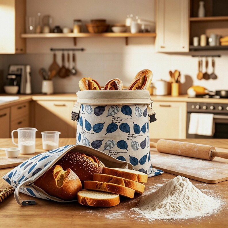 May include: A cylindrical fabric bread bag with a blue leaf pattern and a top closure, containing three loaves of bread. A smaller matching fabric bag lies open in front, holding a loaf and several slices of bread next to a pile of flour.