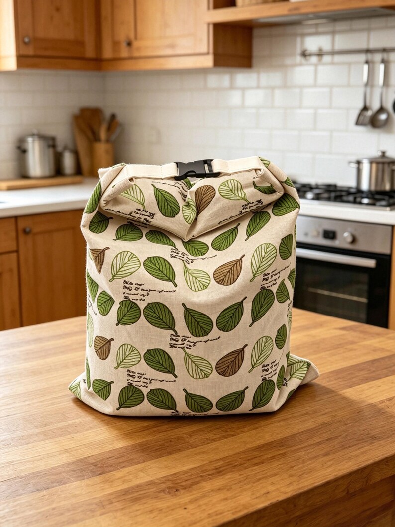 May include: A cream-colored fabric roll-top bag featuring a repeating pattern of green and brown leaves interspersed with small sections of cursive script text. The bag is secured at the top with a black plastic side-release buckle closure.