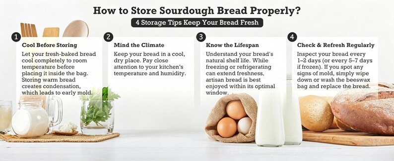 May include: An infographic titled How to Store Sourdough Bread Properly? with 4 Storage Tips Keep Your Bread Fresh. It lists four numbered steps: Cool Before Storing, Mind the Climate, Know the Lifespan, and Check & Refresh Regularly with text.