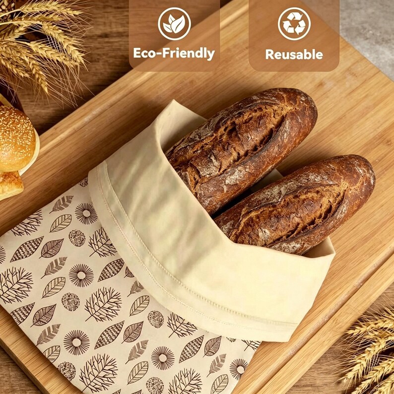 May include: A cream-colored fabric bread bag featuring a repeating brown pattern of various leaves and circular floral shapes. Two crusty brown loaves of bread are tucked inside the open bag, which is labeled with Eco-Friendly and Reusable text.