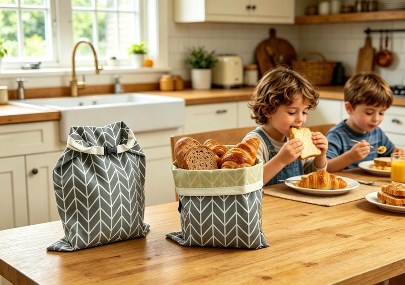 May include: Two grey and white chevron patterned fabric bags with roll-top closures and black plastic buckles. One bag is standing upright and closed, while the other is open and filled with various types of bread, including sliced loaves and croissants.