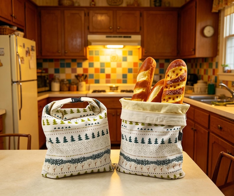 May include: Two off-white fabric bags featuring a repeating pattern of green pine trees, dotted lines, and small trees. One bag is closed with a black plastic buckle, while the other is open and filled with three long, golden-brown crusty loaves of bread.
