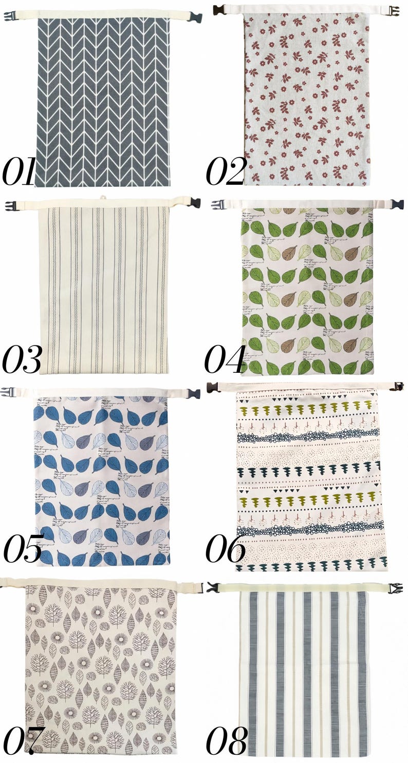 May include: A collection of eight rectangular fabric bags, each featuring a top strap with a black plastic buckle. The designs include gray herringbone, floral patterns, vertical stripes, green and blue leaf prints, and geometric motifs.