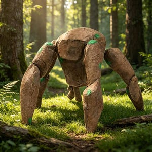 May include: A brown, articulated creature with six legs and a segmented body, resembling a tree. Green accents are visible on the joints. The creature is positioned in a forest setting, amidst green grass and trees.