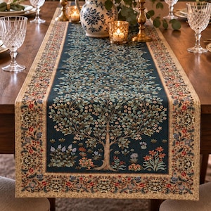 Gobelängbordslöpare, Livets träd William Morris-stil, vintage botanisk matbordsdekor