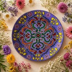 May include: A round decorative plate featuring a vibrant purple base with an intricate hand-painted mandala design. The pattern consists of symmetrical swirls and floral motifs in bright shades of yellow, orange, red, green, and pink dots.