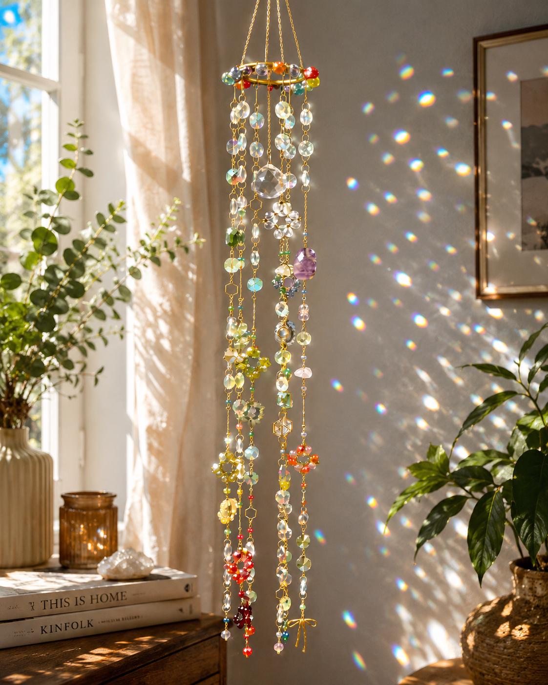 Large Crystal Suncatcher with Natural Gemstones 65cm Handmade Rainbow Maker Decor