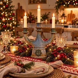 May include: A ceramic three-arm candelabra with a speckled blue and brown glaze, featuring a central embossed floral medallion. Three tall, slender white taper candles are lit, standing in the candle cups on a festive holiday table setting.