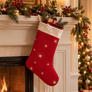 Könnte beinhalten: Ein roter Weihnachtsstrumpf aus strukturiertem, leinenartigem Stoff mit gestickten goldenen Sternenmustern. Der Strumpf hat ein breites, cremefarbenes Bündchen mit dezenten weißen Schneeflockenmotiven und eine kleine Stoffschlaufe zum Aufhängen.