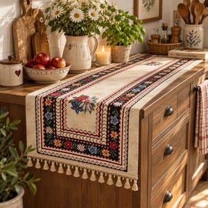 Puede incluir: Un camino de mesa de color crema con un borde negro y un patrón floral colorido, que incluye flores rojas, azules y amarillas. El camino de mesa está rematado con una fila de borlas de color crema a lo largo de los bordes, creando un acento textil.
