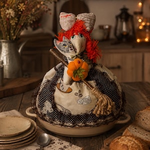 Funda para cuenco de bruja de Halloween, tapa para cazuela, decoración para cenas, bruja con muñeca de gato, calentador de alimentos hecho a mano, regalo de otoño