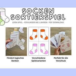 May include: A colorful educational game featuring sock-themed illustrations. The game includes images of socks in various colors and patterns, with text in German. The game is designed for children aged 3 and up.