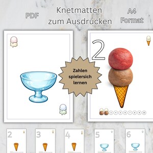 May include: Educational flashcards featuring ice cream-themed illustrations. One card shows a sundae glass, another displays a number 2 with playdough ice cream scoops. The cards are designed for learning numbers.