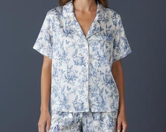 Blue Toile Bunny Satin Pajama Set | Cottagecore Silky Pajamas | Easter Sleepwear | Women's Short Pajamas