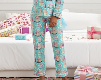 Women’s Birthday Cakes Pajama Pants, Turquoise Blue, Silky Satin PJ Lounge Pants