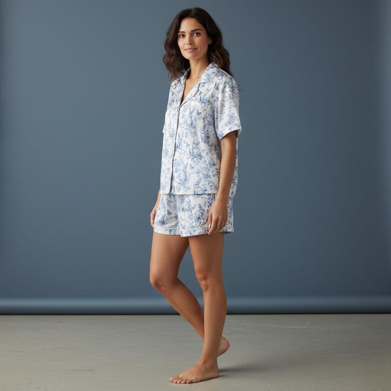 Op de afbeelding: Een tweedelige pyjamaset met een wit en blauw bloemenpatroon. De set bestaat uit een overhemd met korte mouwen en bijpassende shorts. De stof lijkt licht en comfortabel, geschikt voor nachtkleding.