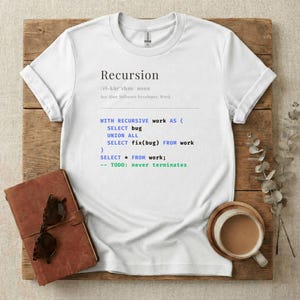 以下が含まれることがあります： 黒いテキストでRecursionの辞書定義が印刷された白い半袖Tシャツ。その後に、SELECT bug UNION ALL SELECT fix(bug) FROM workというテキストを含む青いSQLコードブロックと、緑色のTODOコメントが続きます。