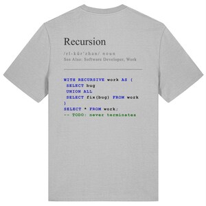 Recursion T-Shirt — SQL Humour — Funny Programmer Gift — Software Engineer Tee — Coding Gift for Him Her — Bug Fix Joke Shirt