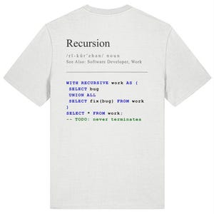 Recursie-T-shirt – humor van SQL-ontwikkelaar – grappig cadeau programmeur – T-shirt software-ingenieur – coderingscadeau voor hem – haar shirt Bug Fix Joke