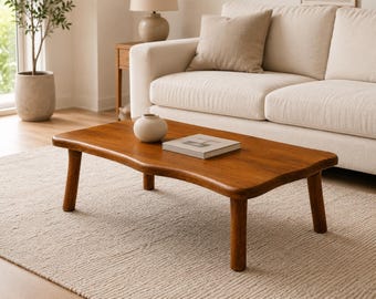 Natural Wood Coffee Table, Organic Edge Wooden Center Table, Modern Rustic Living Room Table, Rounded Corner Sofa Table, 100x60 cm
