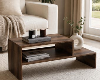 Modern Walnut Coffee Table, Minimalist Wooden Coffee Table, Low Living Room Table, Asymmetrical Center Table,Wood Look Sofa Table,90x50x40cm