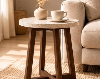 Travertine Look Round Side Table, Beige Stone Effect, Dark Wood Legs, Minimalist (40 cm)