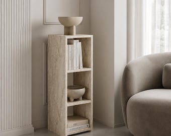 Travertine Look Pedestal Shelf, Modern Narrow Display Stand, Minimalist Bookshelf (90 cm)