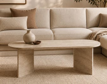 Oval Travertine Look Coffee Table, Modern Beige Stone Effect, Minimalist Living Room Sofa