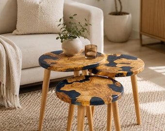 Set of 3 Epoxy Wood Nesting Tables, Round Resin Side Table Set, Blue Resin Wooden Accent Tables, Boho Coffee Table Set, 40x40 cm