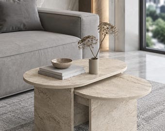Travertine Look Nesting Coffee Table Set, Modern Minimalist Coffee Table, Stone Effect Living Room Table, Nested Side Table