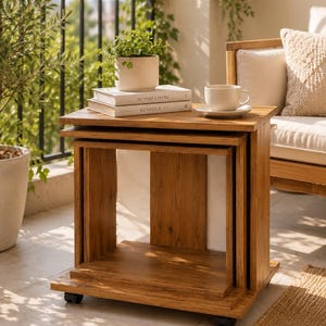 Wooden Nesting Side Table, Rolling Sofa Table, Modern Rectangular End Table, Natural Wood Coffee Table, Space Saving Table, 60x35 cm