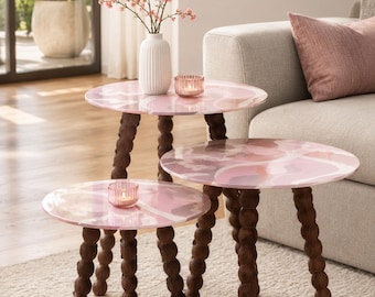 Mosaic Pattern Nesting Tables, Wooden Bobbin Legs, Living Room Accent Tables (40x40 cm)