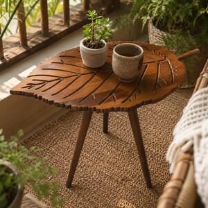 Leaf Shaped Wooden Side Table, Carved Leaf Coffee Table, Rustic Wood Accent Table, Boho Plant Stand, Decorative Living Room Table, 65x37 cm