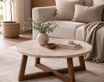 Mesa de centro redonda con aspecto de travertino, patas de madera de haya natural, mesa de centro minimalista de 70 cm.
