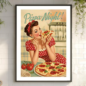 Printable Kitchen Poster, Vintage Pizza Print, Food Art, 1960's Vintage art, Kitchen Poster, Retro Kitchen Art, Digital Download