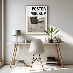 Puede incluir: Una moderna configuración de oficina con un escritorio blanco con patas de madera, una silla blanca y un póster enmarcado. El póster dice "POSTER MOCKUP" y muestra una silla de cuero negro. Una lámpara, una planta y libros completan la escena.