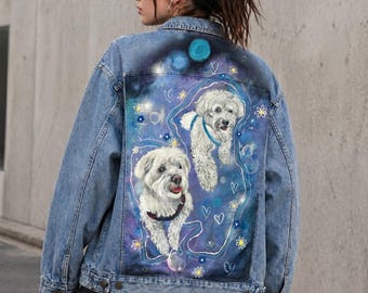 Custom Maltese Dog Denim Jacket, Hand Painted Pet Portrait Jean Jacket, Personalized Puppy Lover Gift, Cute White Dog Art Coat