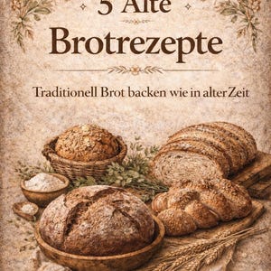 Könnte beinhalten: Ein Bild mit verschiedenen Brotsorten, darunter ein rundes Brot in einer Holzschale, geschnittenes Brot und ein geflochtenes Brot. Das Bild enthält den Text "5 Alte Brotrezepte" und "Traditionell Brot backen wie in alter Zeit."