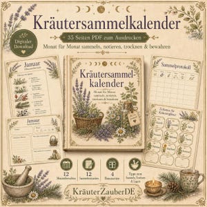 Könnte beinhalten: Ein digitaler Kräutersammelkalender als 35-seitiges PDF mit Monatsübersichten, Sammelprotokollen und Etiketten. Das Cover zeigt den Text Kräutersammelkalender sowie Illustrationen von Lavendel, Kamille und einem Vorratsglas.