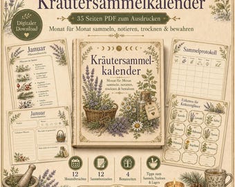 Herb Gathering Calendar PDF / Annual Planner for Wild Herbs / Harvesting Times, Effects & Uses / Printable Herbal Planner (German)